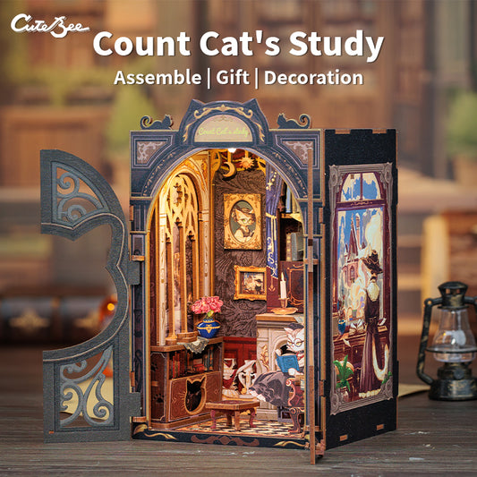 Cutebee Count Cat's Study DIY Book Nook Kit – Miniature Dollhouse Shelf Insert