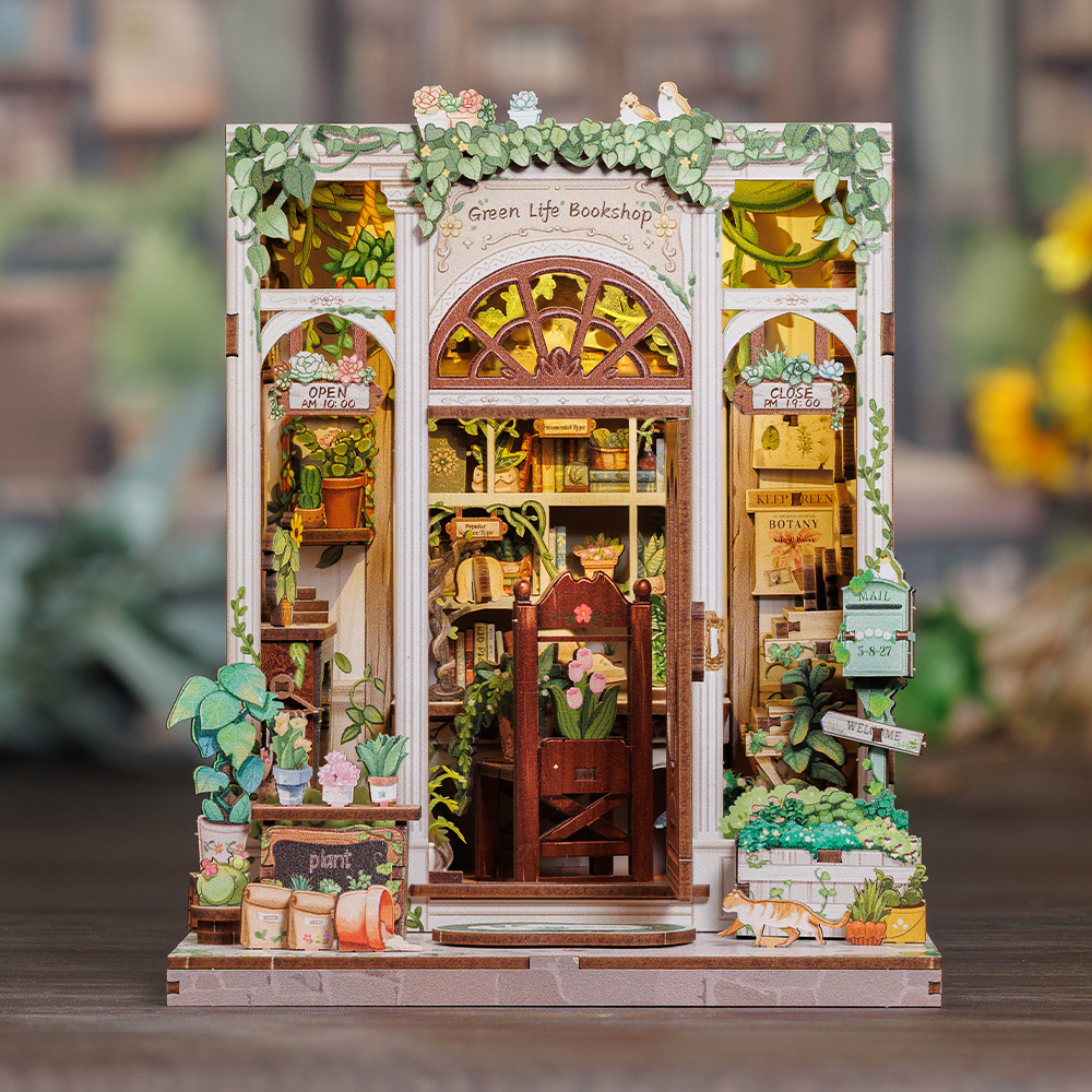 Cutebee Green Life Bookshop DIY Book Nook Kit – Miniature Dollhouse Shelf Insert