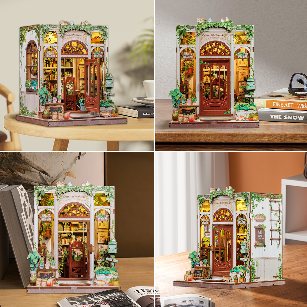 Cutebee Green Life Bookshop DIY Book Nook Kit – Miniature Dollhouse Shelf Insert