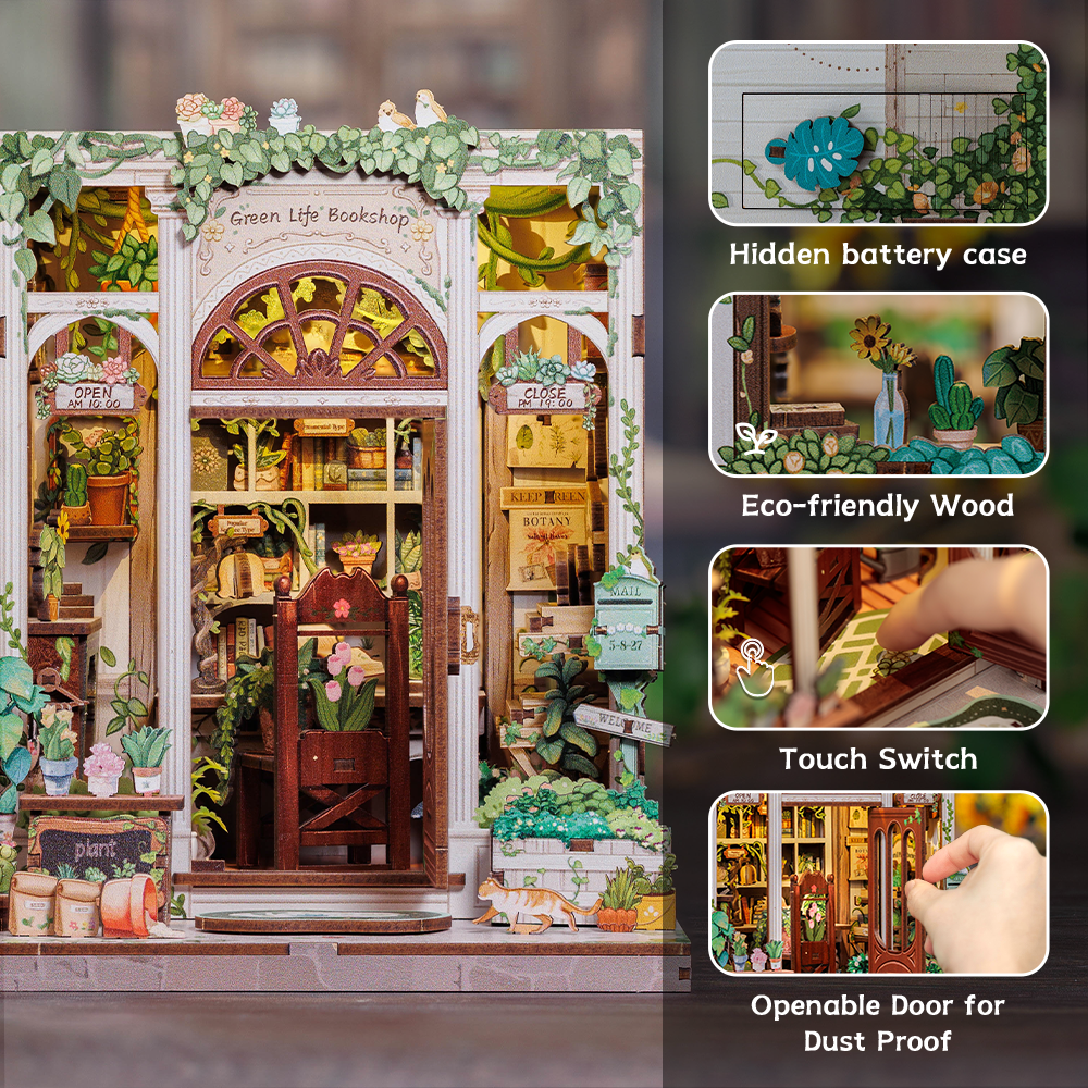 Cutebee Green Life Bookshop DIY Book Nook Kit – Miniature Dollhouse Shelf Insert
