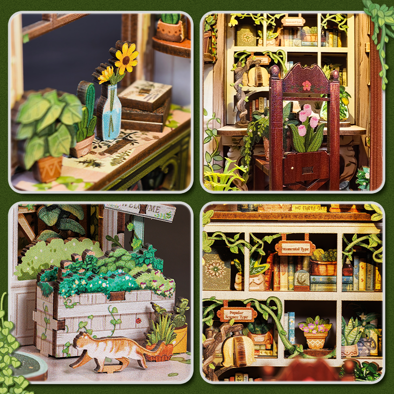 Cutebee Green Life Bookshop DIY Book Nook Kit – Miniature Dollhouse Shelf Insert