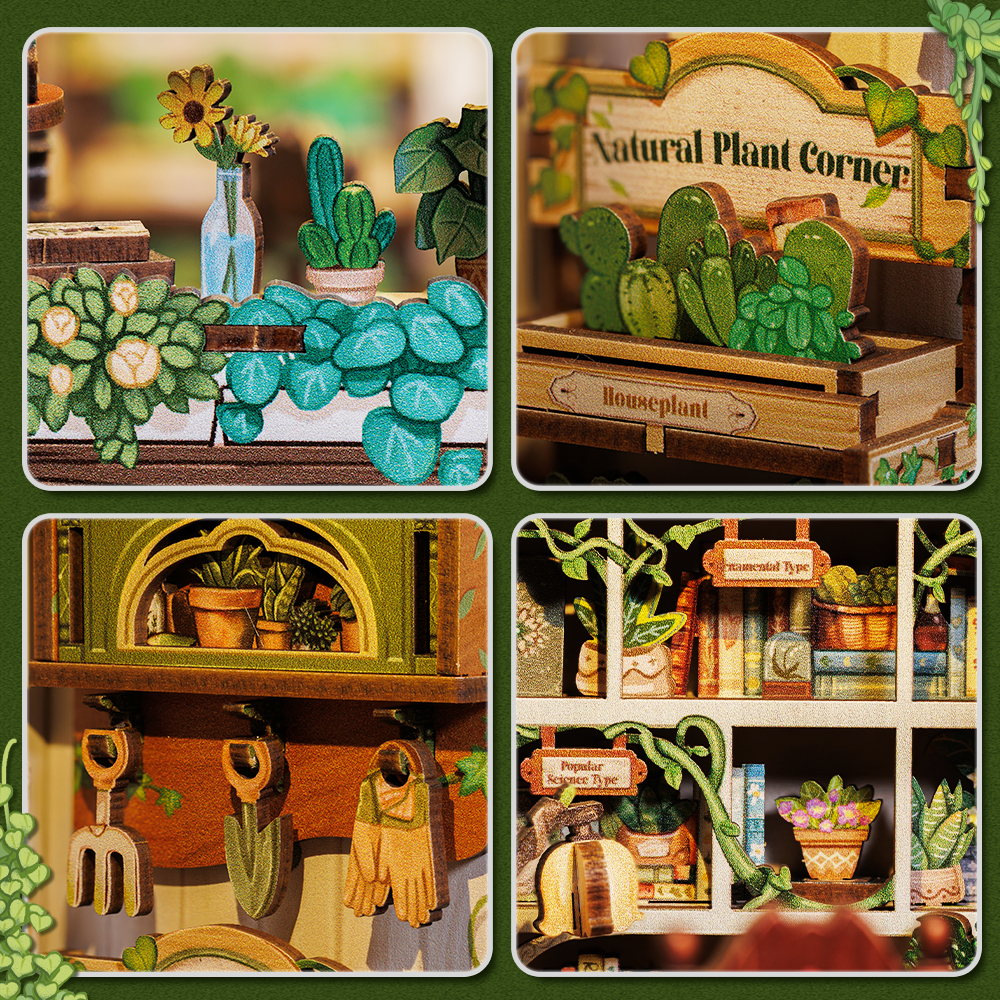 Cutebee Green Life Bookshop DIY Book Nook Kit – Miniature Dollhouse Shelf Insert
