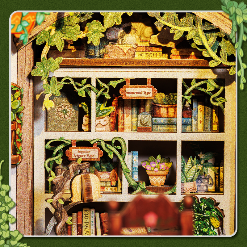 Cutebee Green Life Bookshop DIY Book Nook Kit – Miniature Dollhouse Shelf Insert