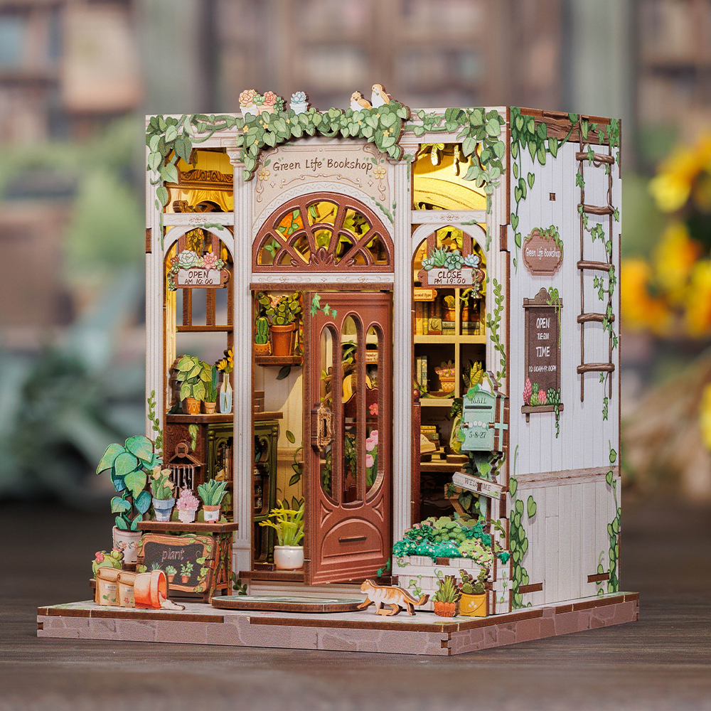 Cutebee Green Life Bookshop DIY Book Nook Kit – Miniature Dollhouse Shelf Insert