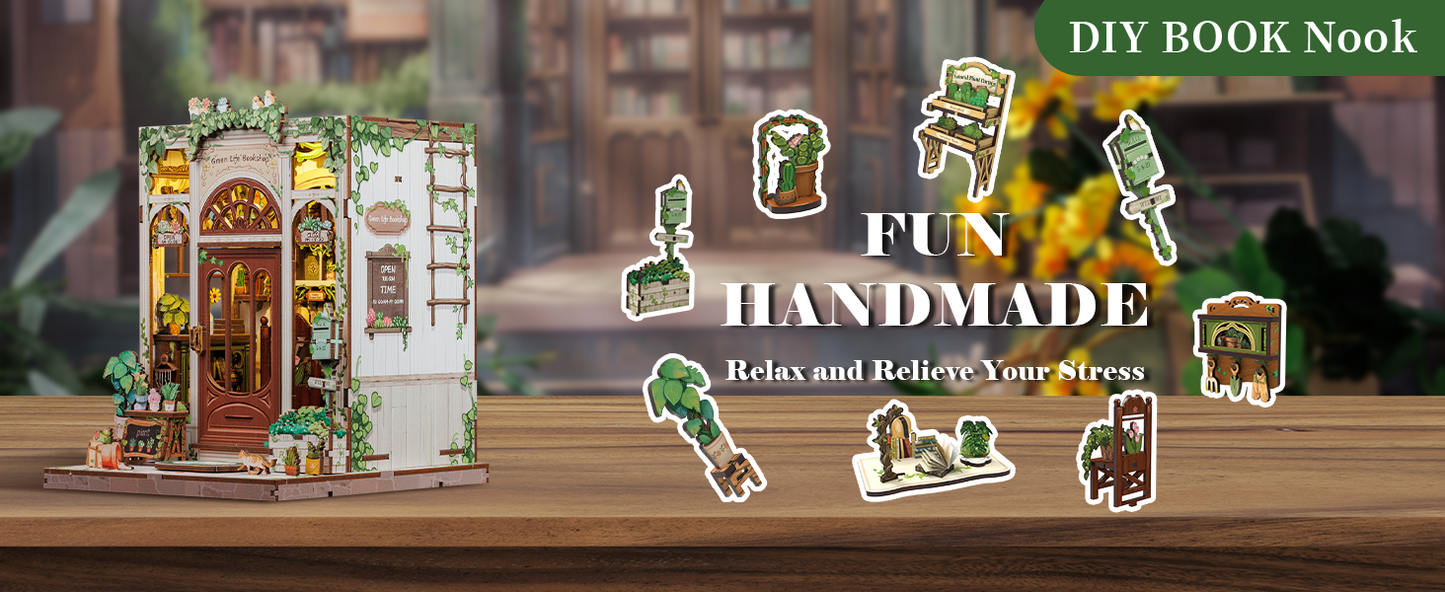 Cutebee Green Life Bookshop DIY Book Nook Kit – Miniature Dollhouse Shelf Insert