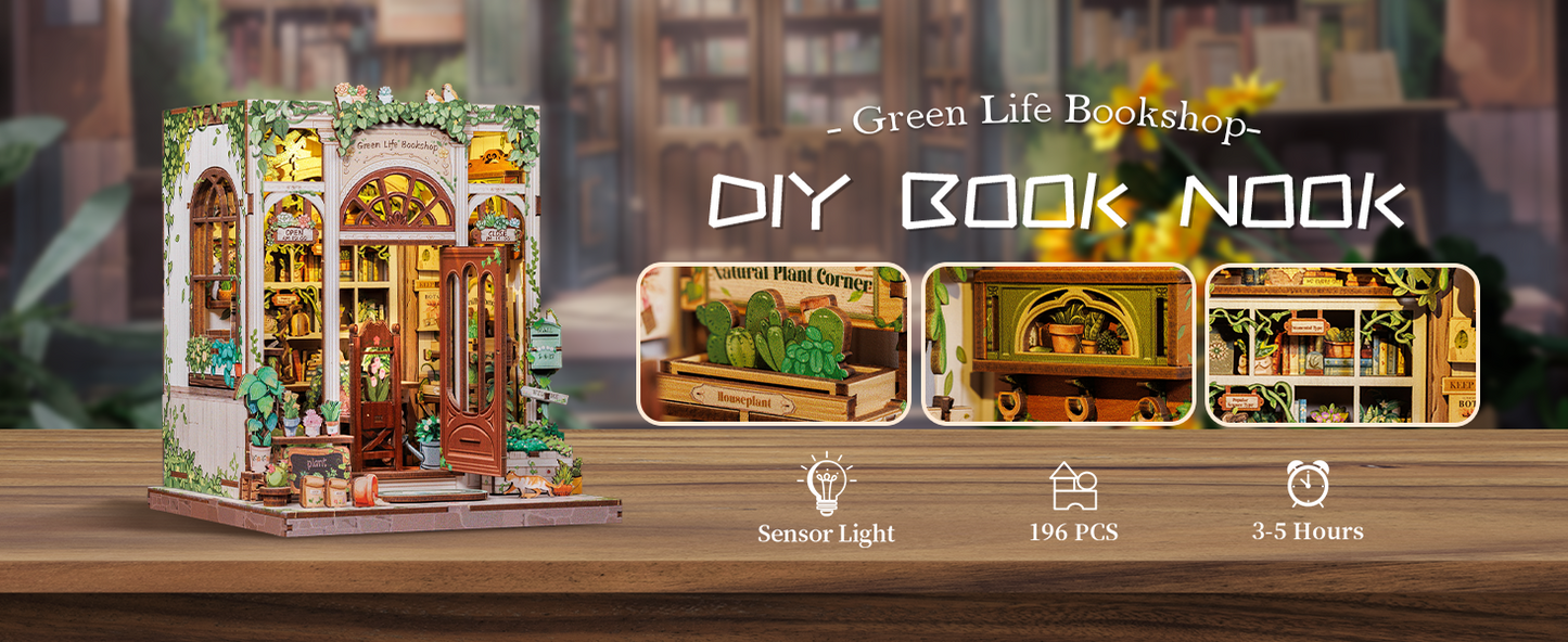 Cutebee Green Life Bookshop DIY Book Nook Kit – Miniature Dollhouse Shelf Insert
