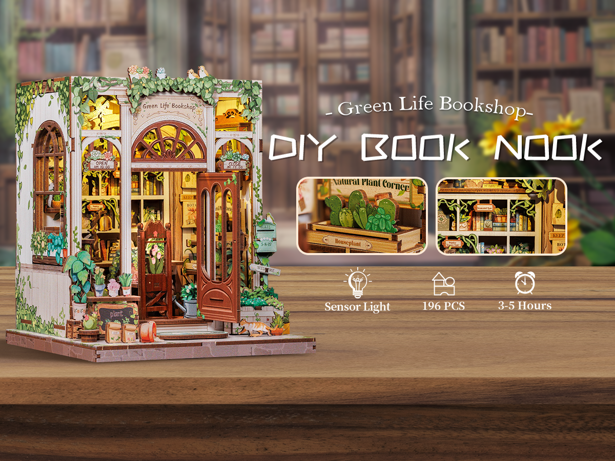 Cutebee Green Life Bookshop DIY Book Nook Kit – Miniature Dollhouse Shelf Insert