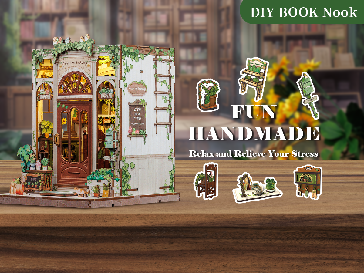 Cutebee Green Life Bookshop DIY Book Nook Kit – Miniature Dollhouse Shelf Insert