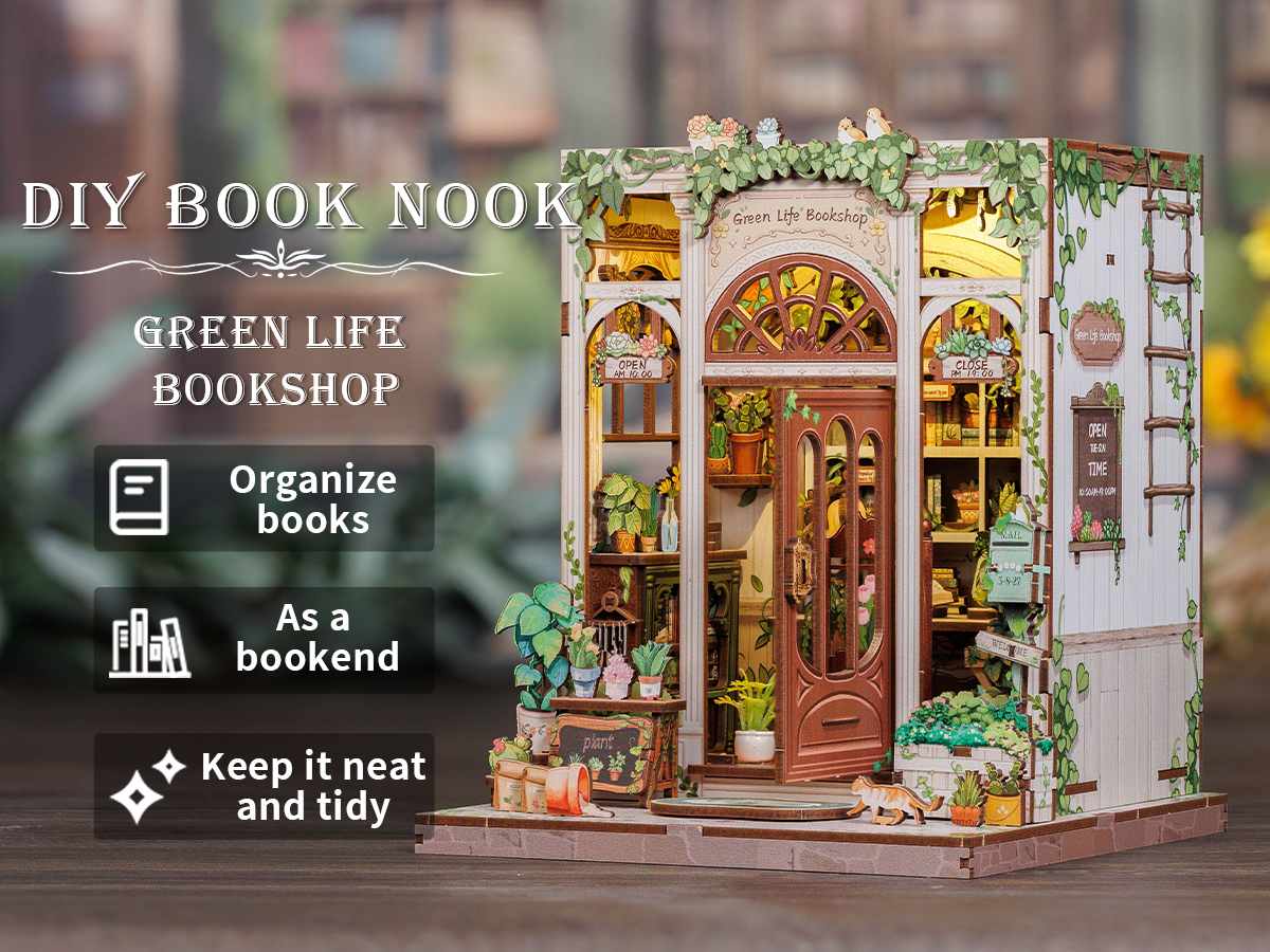 Cutebee Green Life Bookshop DIY Book Nook Kit – Miniature Dollhouse Shelf Insert