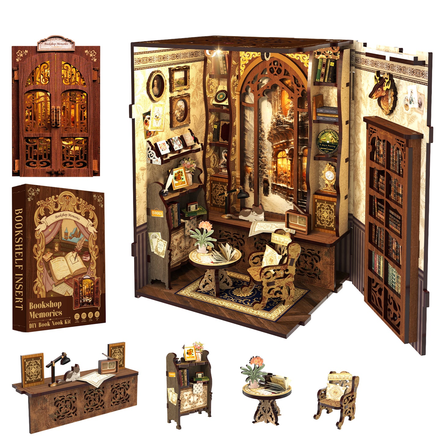 Cutebee Bookshop Memories DIY Book Nook Kit – Miniature Dollhouse Shelf Insert