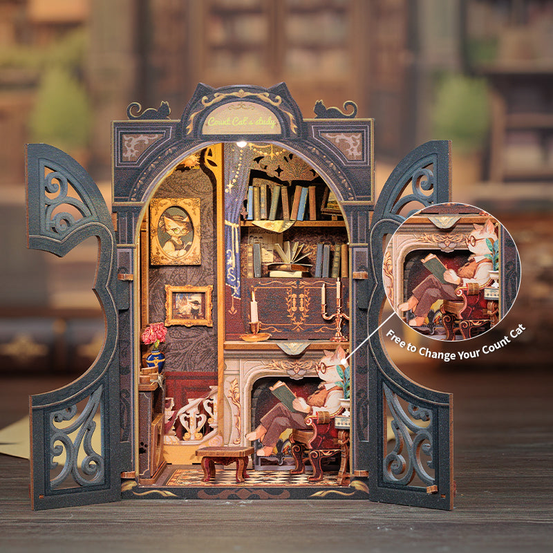 Cutebee Count Cat's Study DIY Book Nook Kit – Miniature Dollhouse Shelf Insert