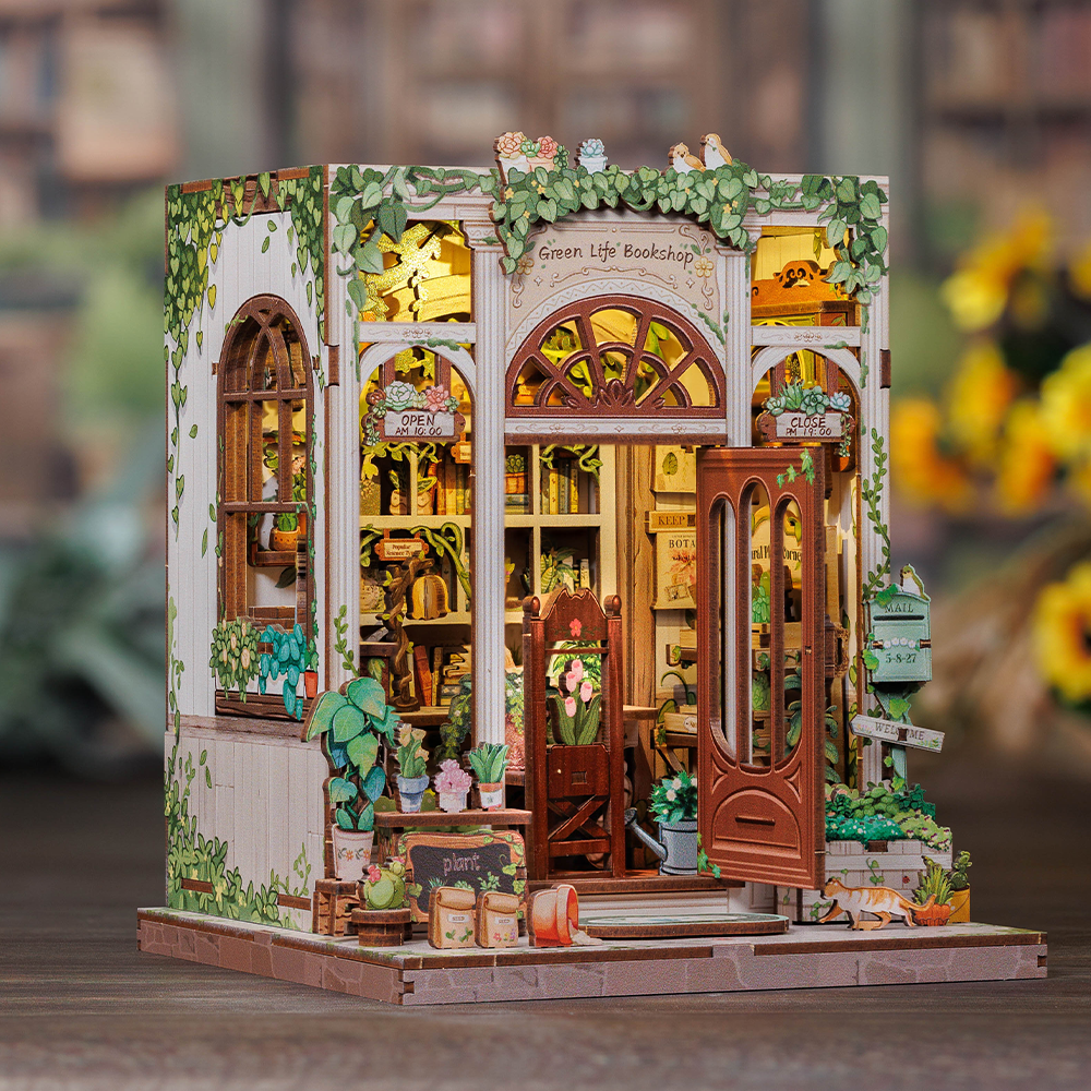 Cutebee Green Life Bookshop DIY Book Nook Kit – Miniature Dollhouse Shelf Insert
