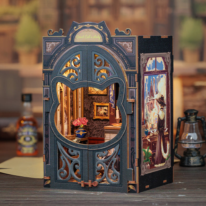Cutebee Count Cat's Study DIY Book Nook Kit – Miniature Dollhouse Shelf Insert
