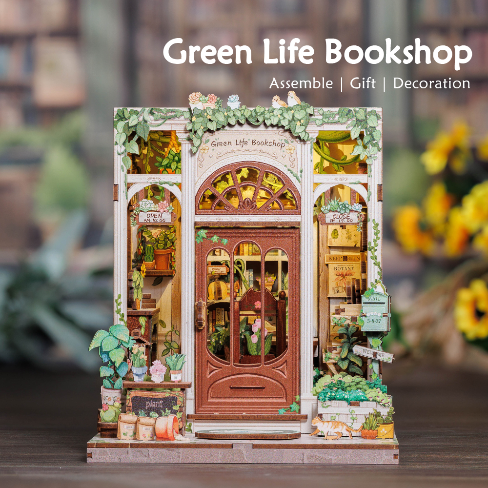 Cutebee Green Life Bookshop DIY Book Nook Kit – Miniature Dollhouse Shelf Insert