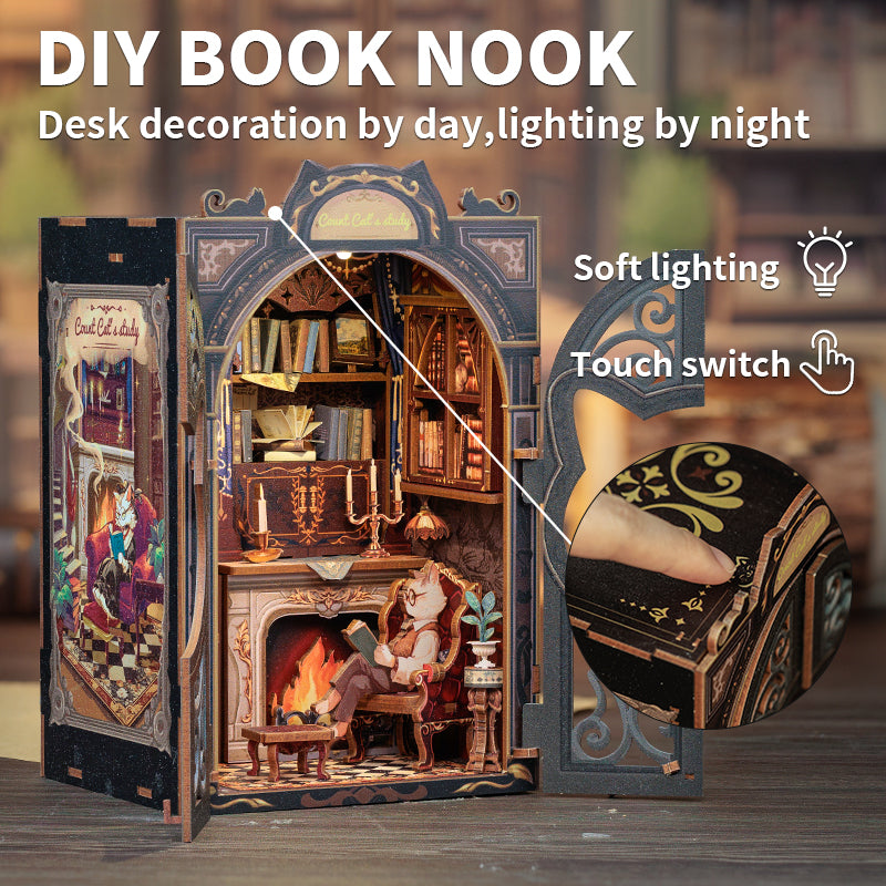 Cutebee Count Cat's Study DIY Book Nook Kit – Miniature Dollhouse Shelf Insert