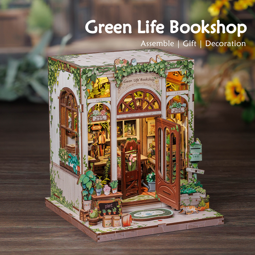 Cutebee Green Life Bookshop DIY Book Nook Kit – Miniature Dollhouse Shelf Insert