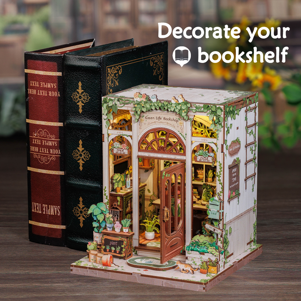 Cutebee Green Life Bookshop DIY Book Nook Kit – Miniature Dollhouse Shelf Insert