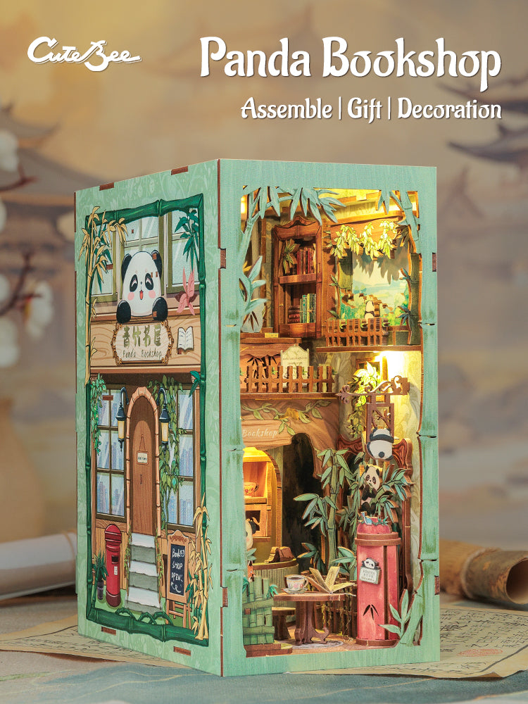 Cutebee Panda Bookshop DIY Book Nook Kit – Miniature Dollhouse Shelf Insert