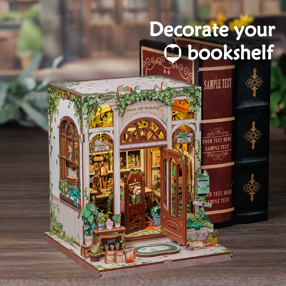 Cutebee Green Life Bookshop DIY Book Nook Kit – Miniature Dollhouse Shelf Insert