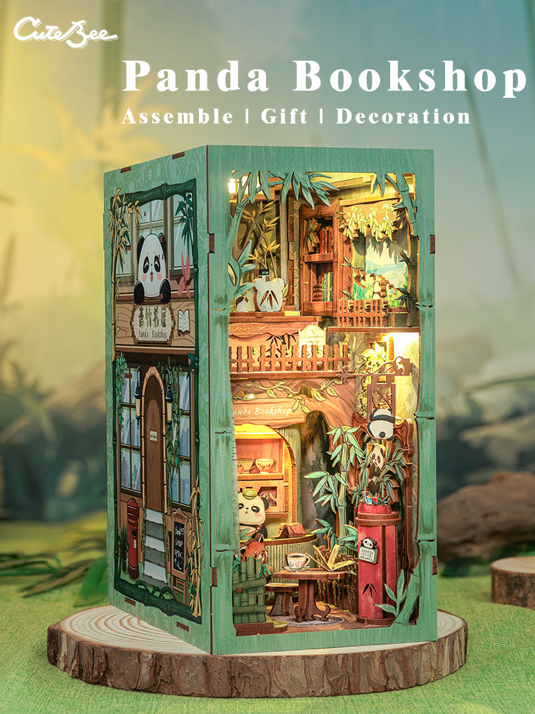 Cutebee Panda Bookshop DIY Book Nook Kit – Miniature Dollhouse Shelf Insert