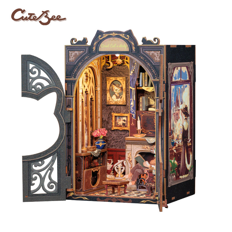 Cutebee Count Cat's Study DIY Book Nook Kit – Miniature Dollhouse Shelf Insert