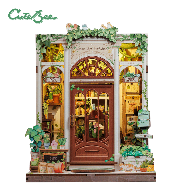 Cutebee Green Life Bookshop DIY Book Nook Kit – Miniature Dollhouse Shelf Insert