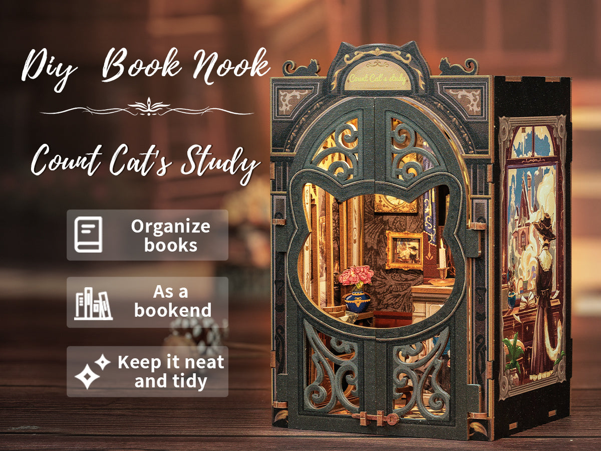 Cutebee Count Cat's Study DIY Book Nook Kit – Miniature Dollhouse Shelf Insert