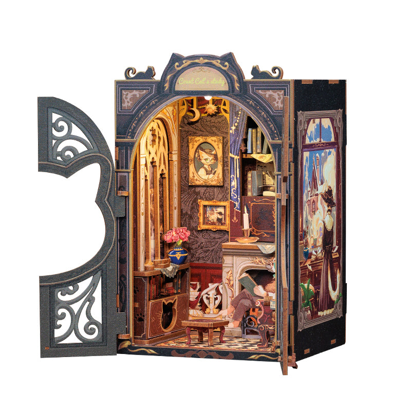 Cutebee Count Cat's Study DIY Book Nook Kit – Miniature Dollhouse Shelf Insert