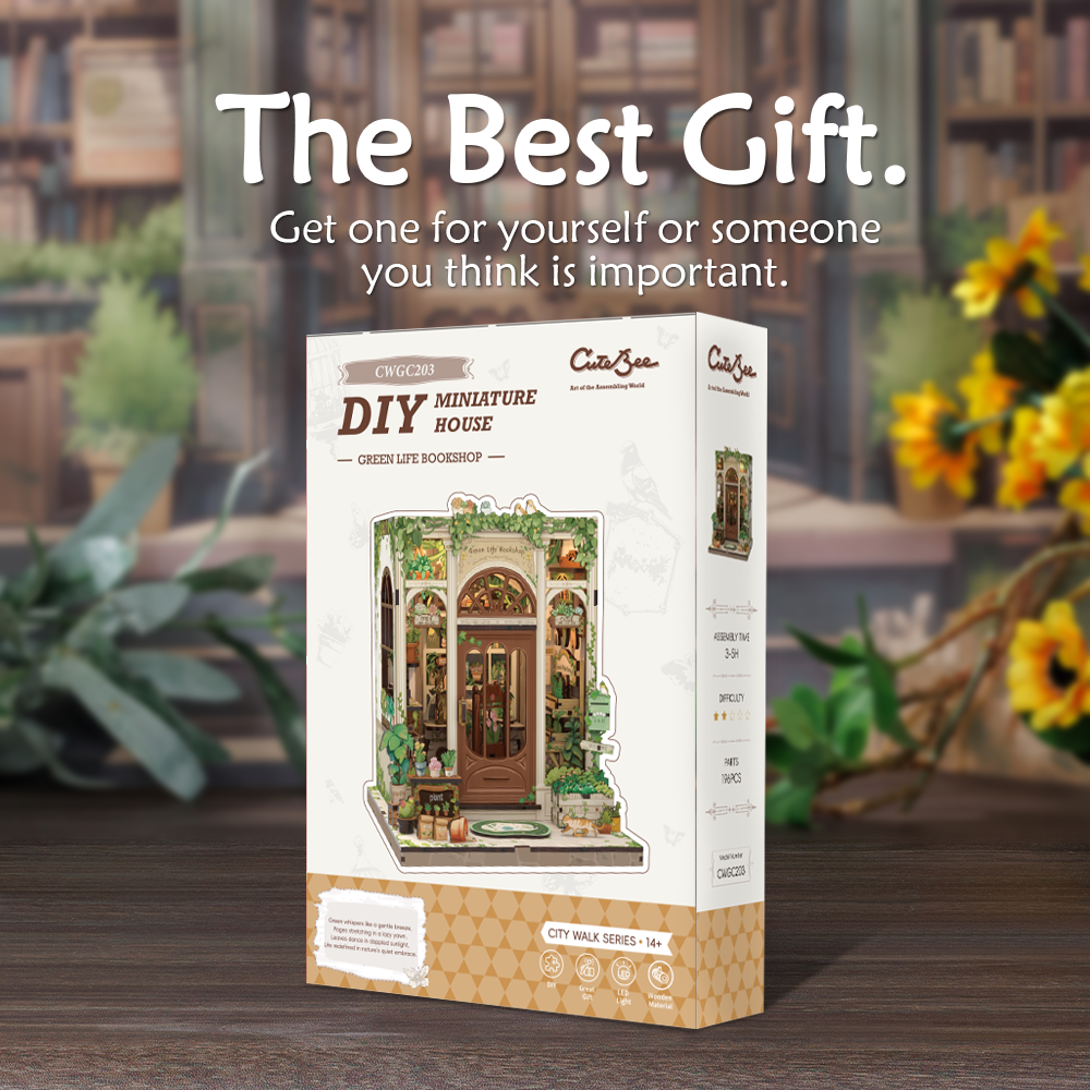 Cutebee Green Life Bookshop DIY Book Nook Kit – Miniature Dollhouse Shelf Insert