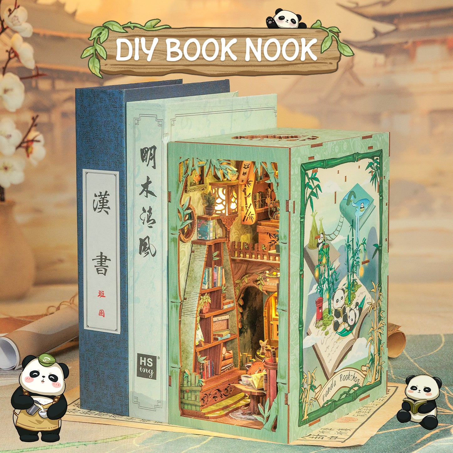 Cutebee Panda Bookshop DIY Book Nook Kit – Miniature Dollhouse Shelf Insert